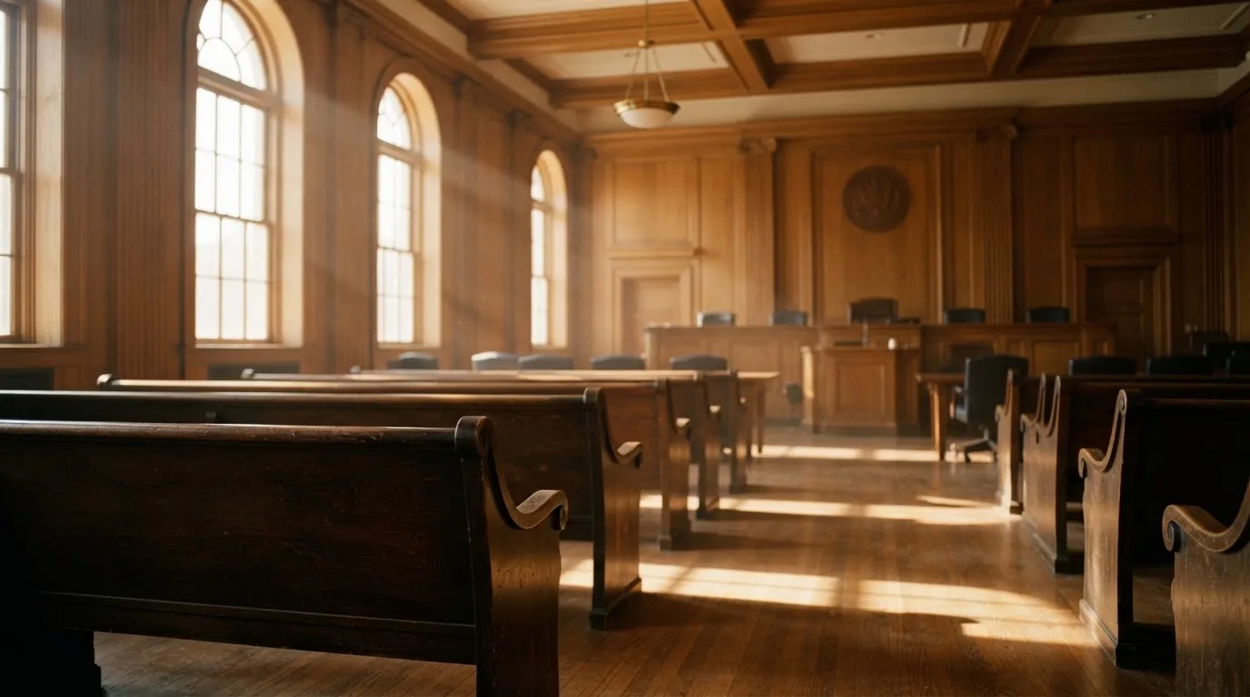 An empty courtroom with wooden benches in morning light