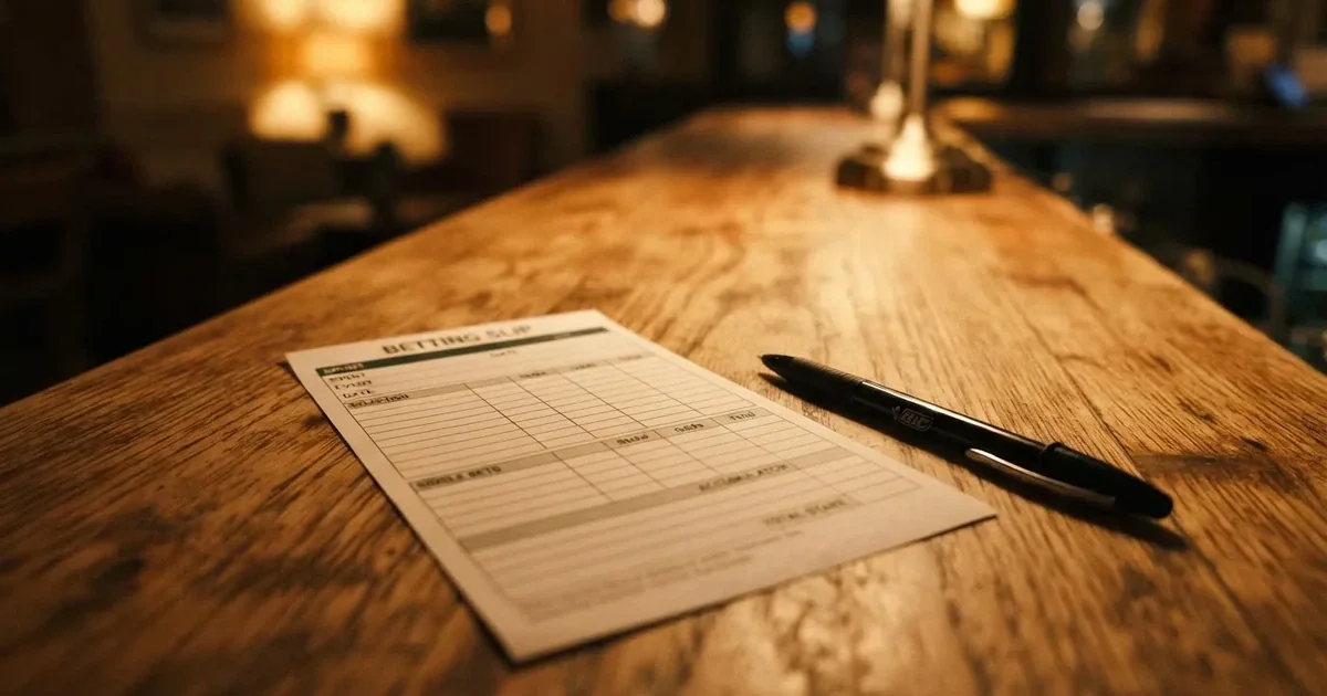 A blank paper betting slip beside a pen on a wooden counter