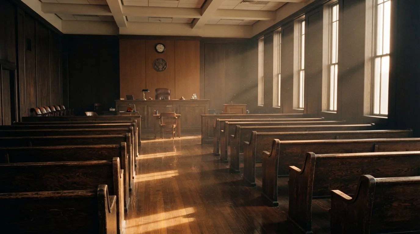 An empty courtroom with wooden benches in morning light