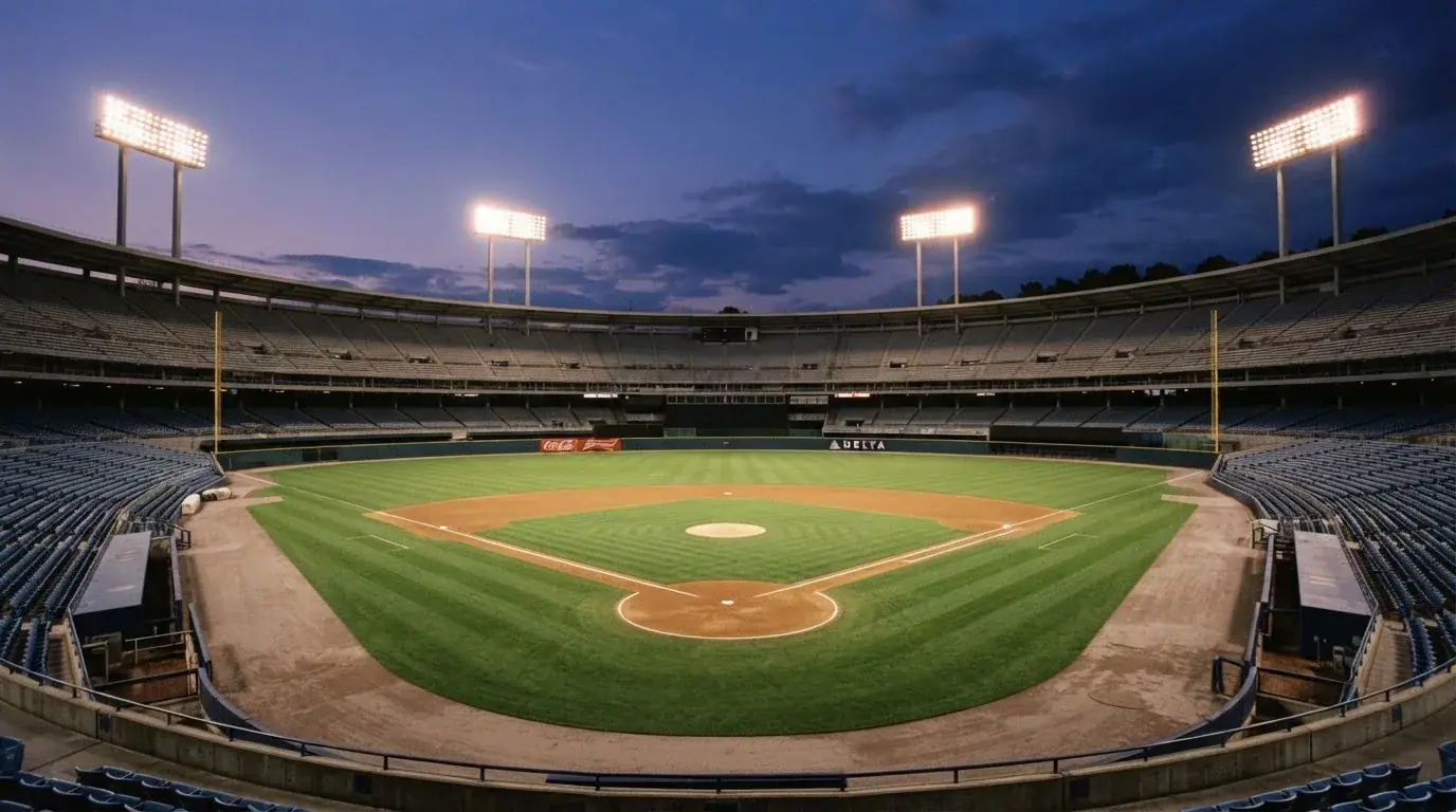 An empty football stadium with floodlight masts at dusk