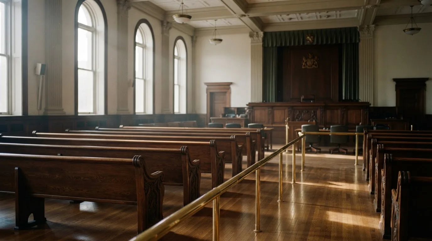 An empty courtroom with wooden benches in morning light
