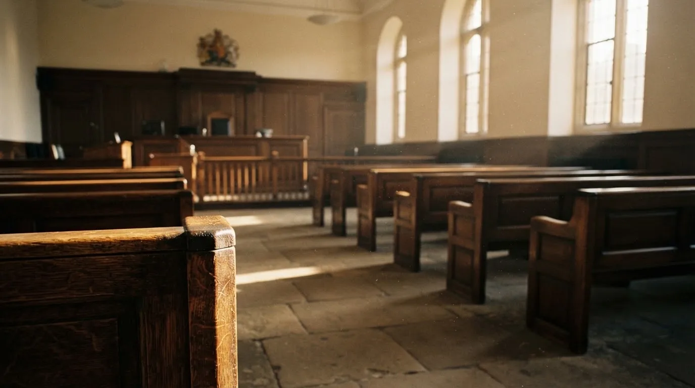 An empty courtroom with wooden benches in morning light