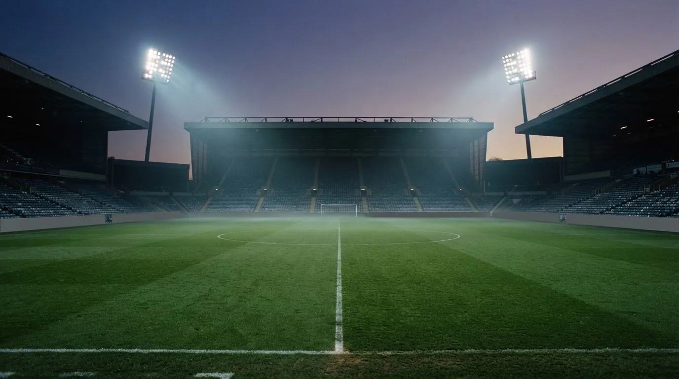 An empty football stadium with floodlight masts at dusk