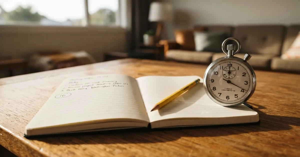 An open notebook with a pencil and a stopwatch on a wooden table