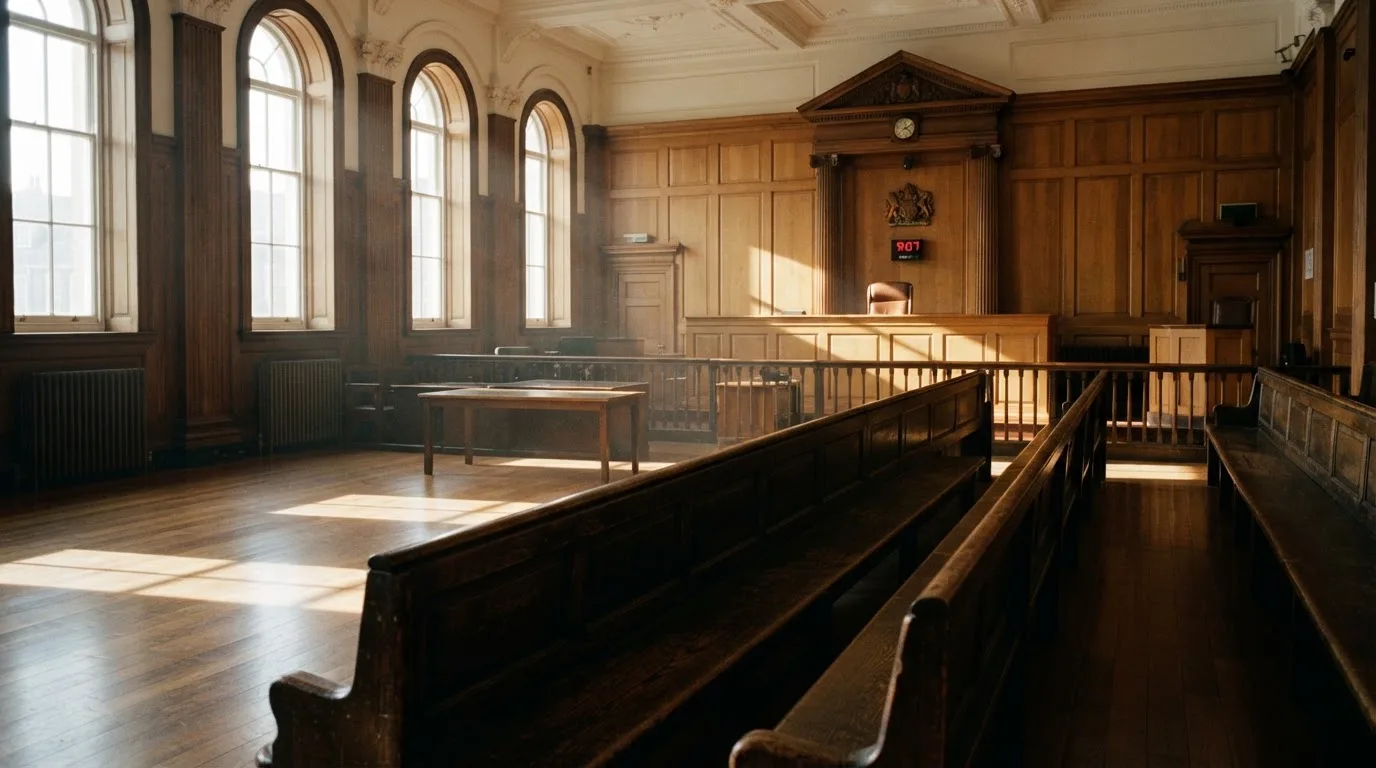 An empty courtroom with wooden benches in morning light
