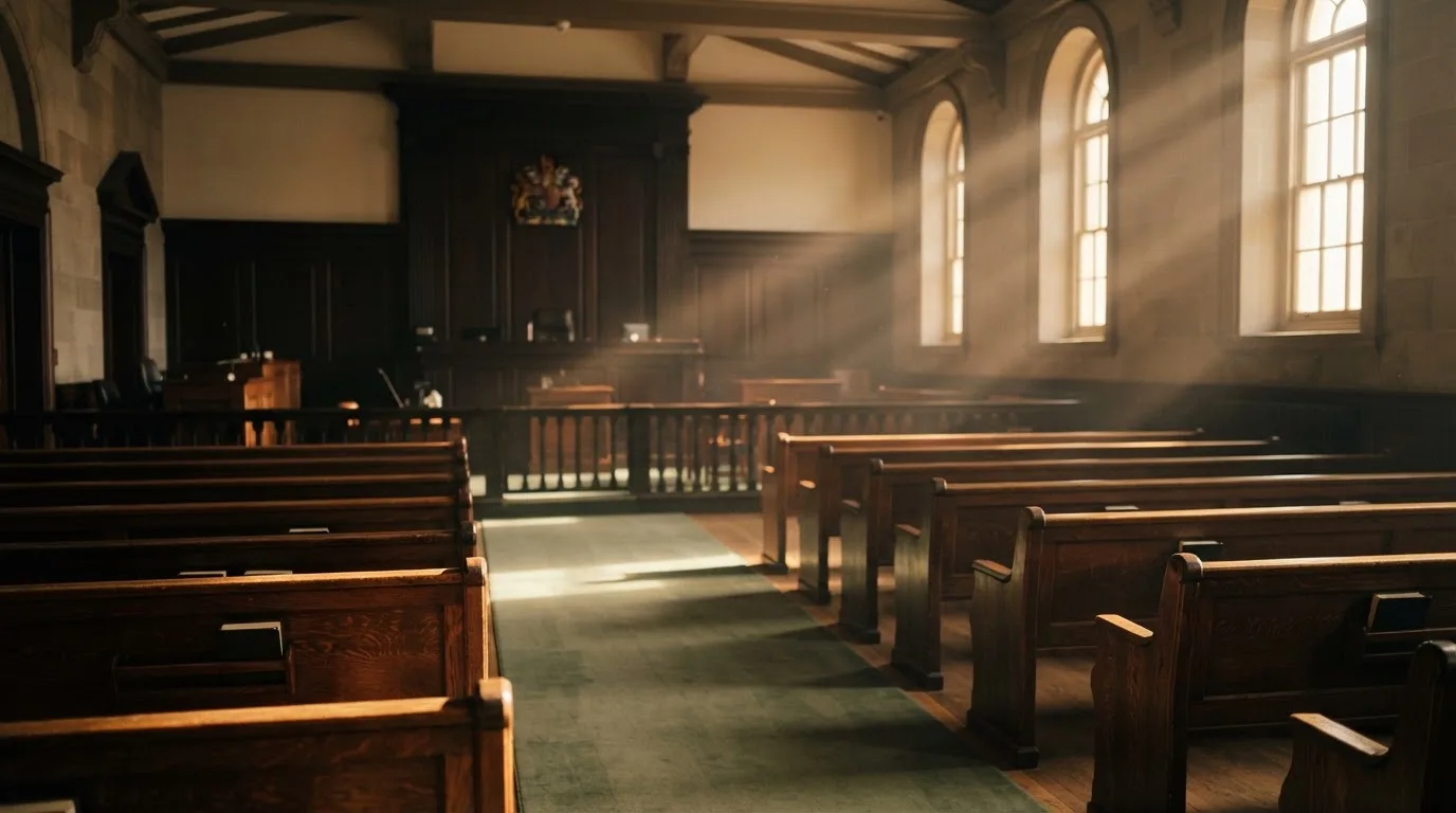 An empty courtroom with wooden benches in morning light