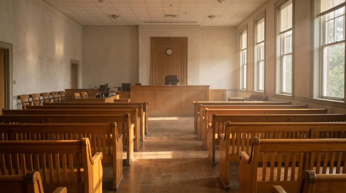 An empty courtroom with wooden benches in morning light