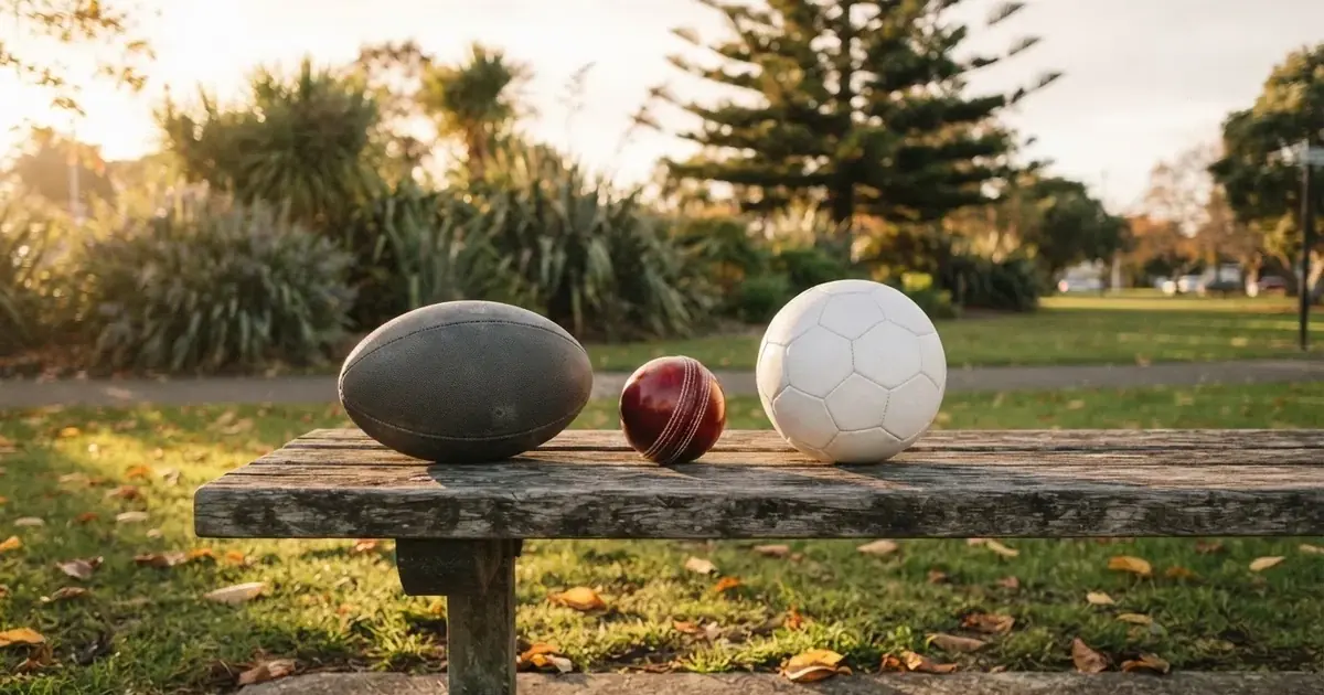 Three balls of different kinds side by side on a wooden bench