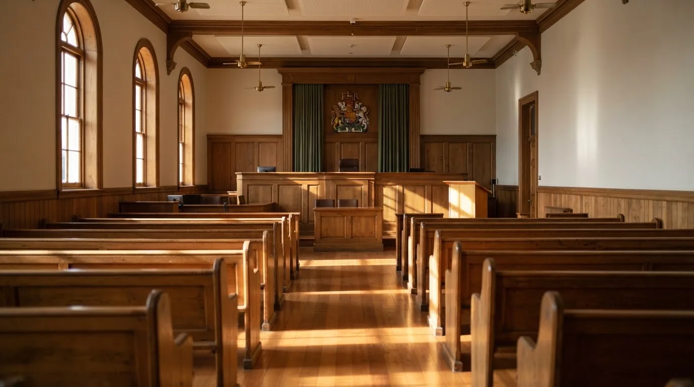 An empty courtroom with wooden benches in morning light