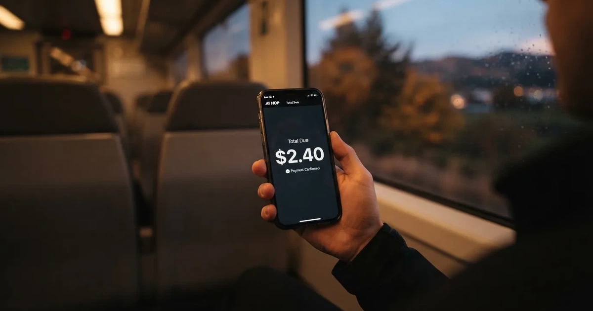 A hand holding a smartphone on a train in the evening, screen turned away