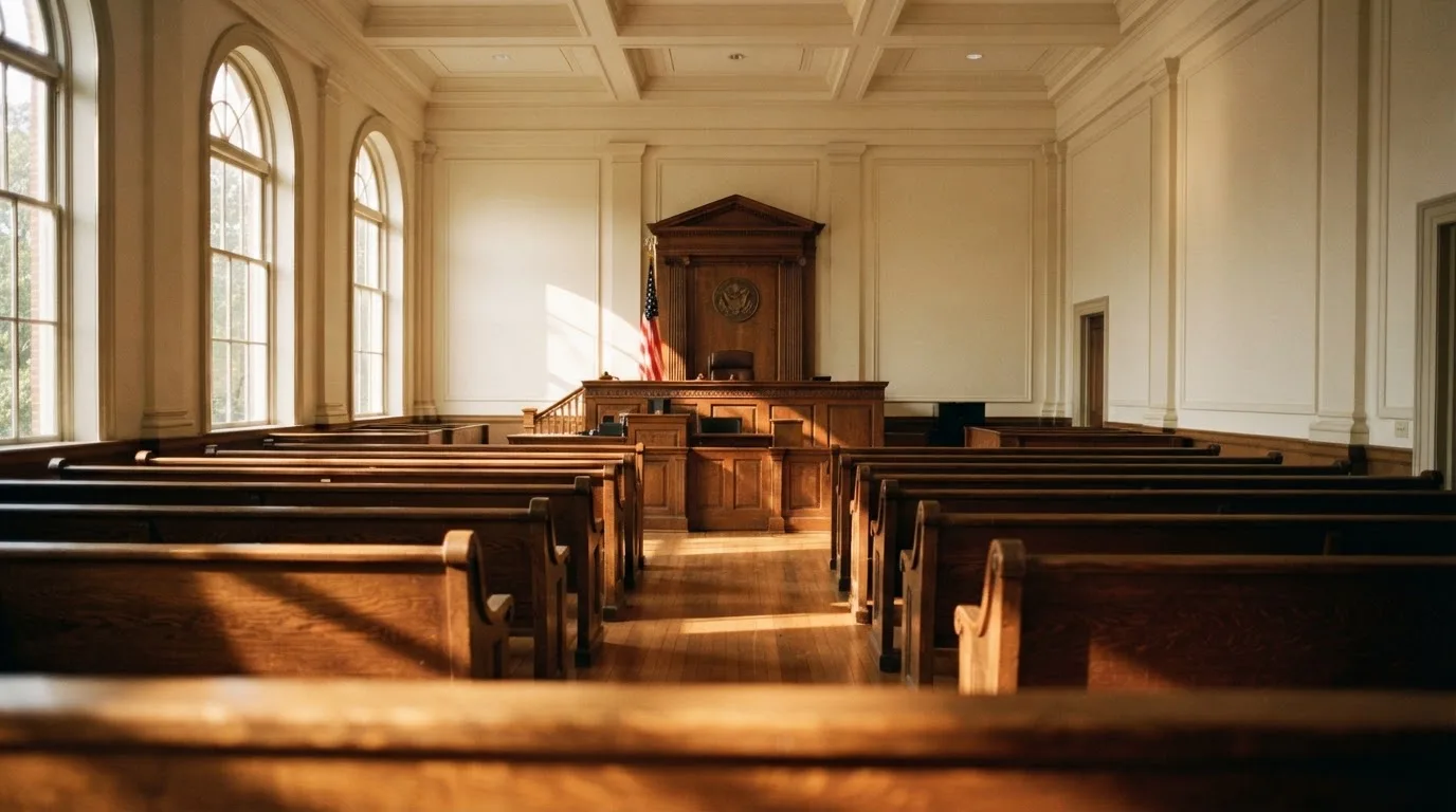 An empty courtroom with wooden benches in morning light