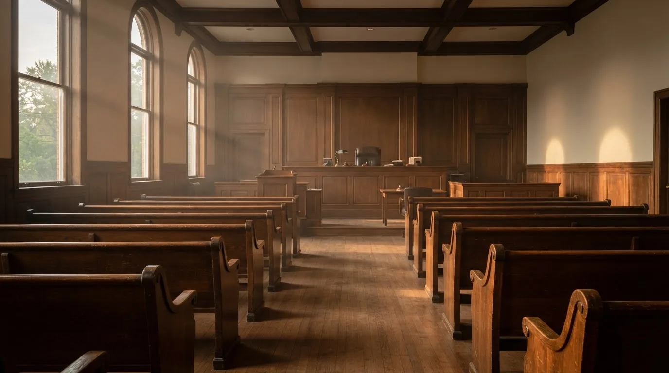 An empty courtroom with wooden benches in morning light