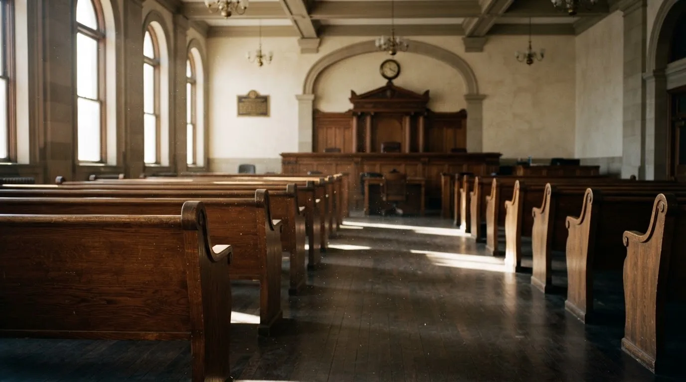 An empty courtroom with wooden benches in morning light
