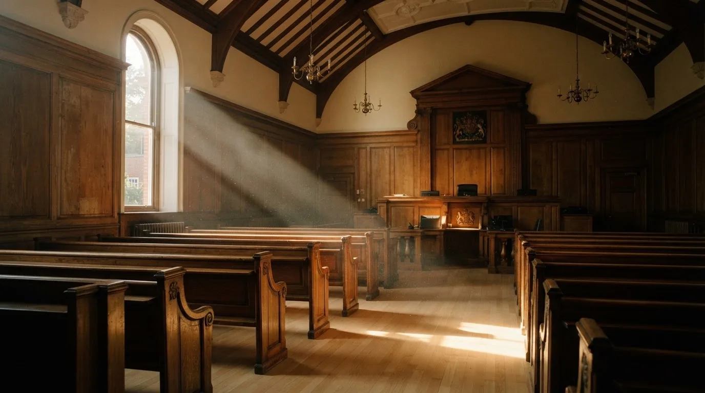 An empty courtroom with wooden benches in morning light