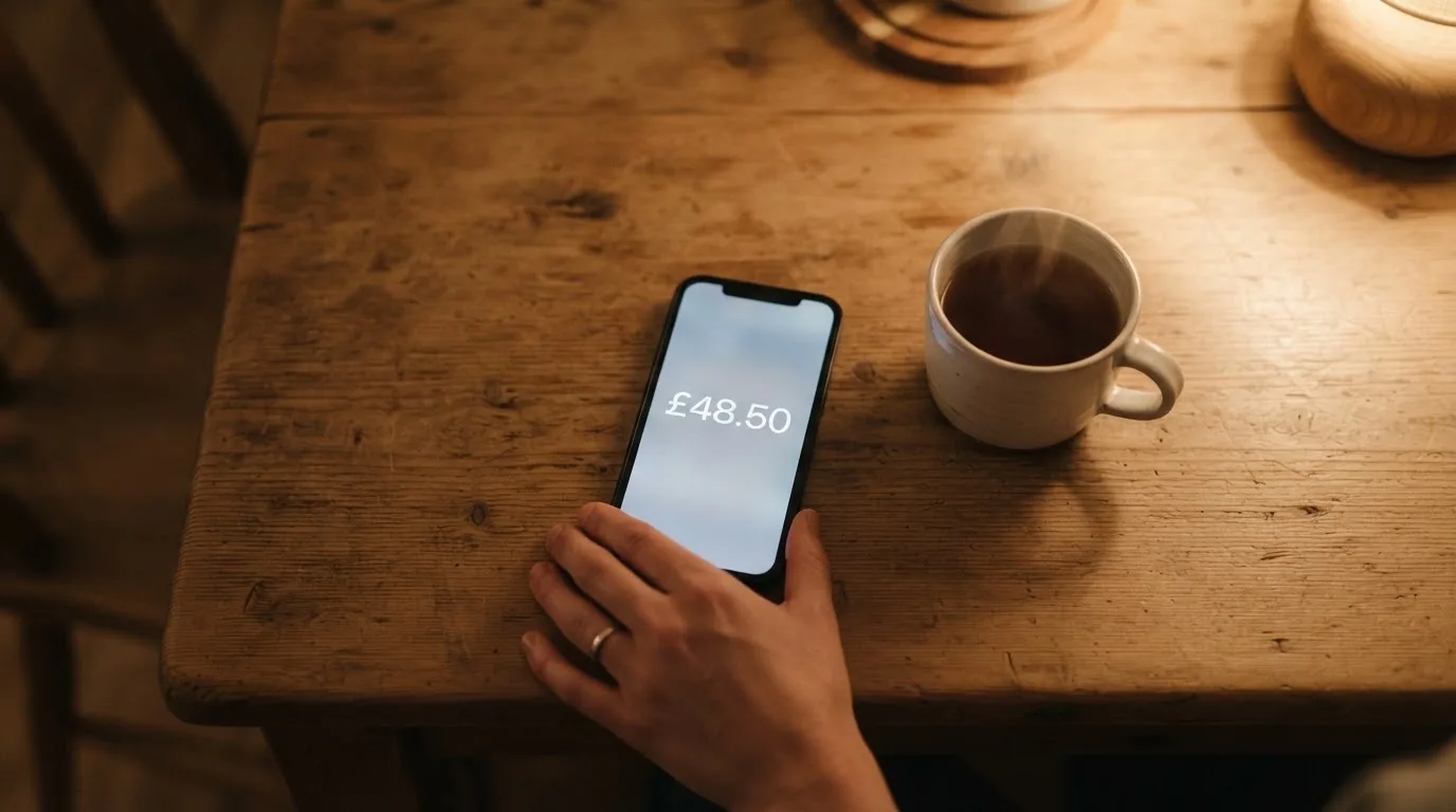 A hand setting a smartphone down beside a cup of tea on a kitchen table on a quiet evening