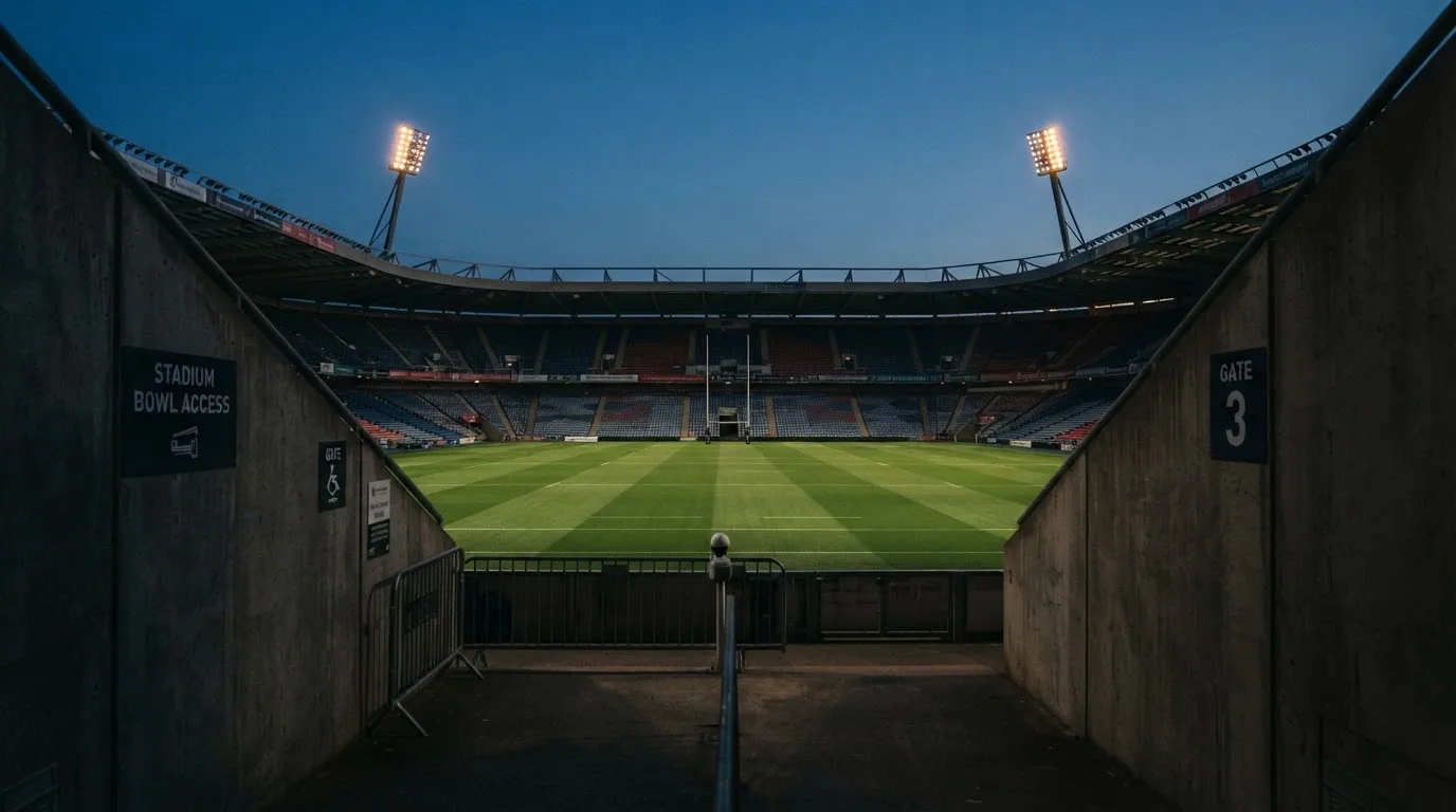 An empty football stadium with floodlight masts at dusk