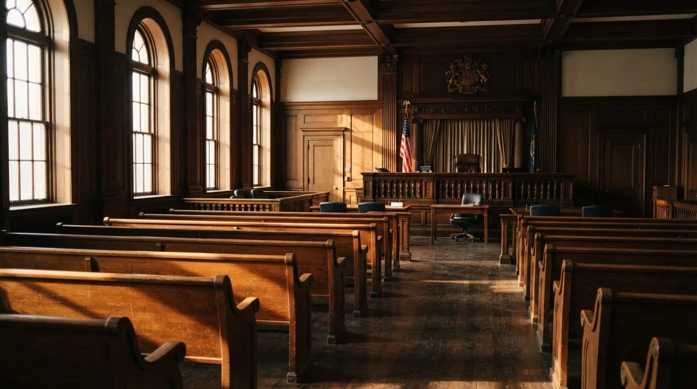 An empty courtroom with wooden benches in morning light