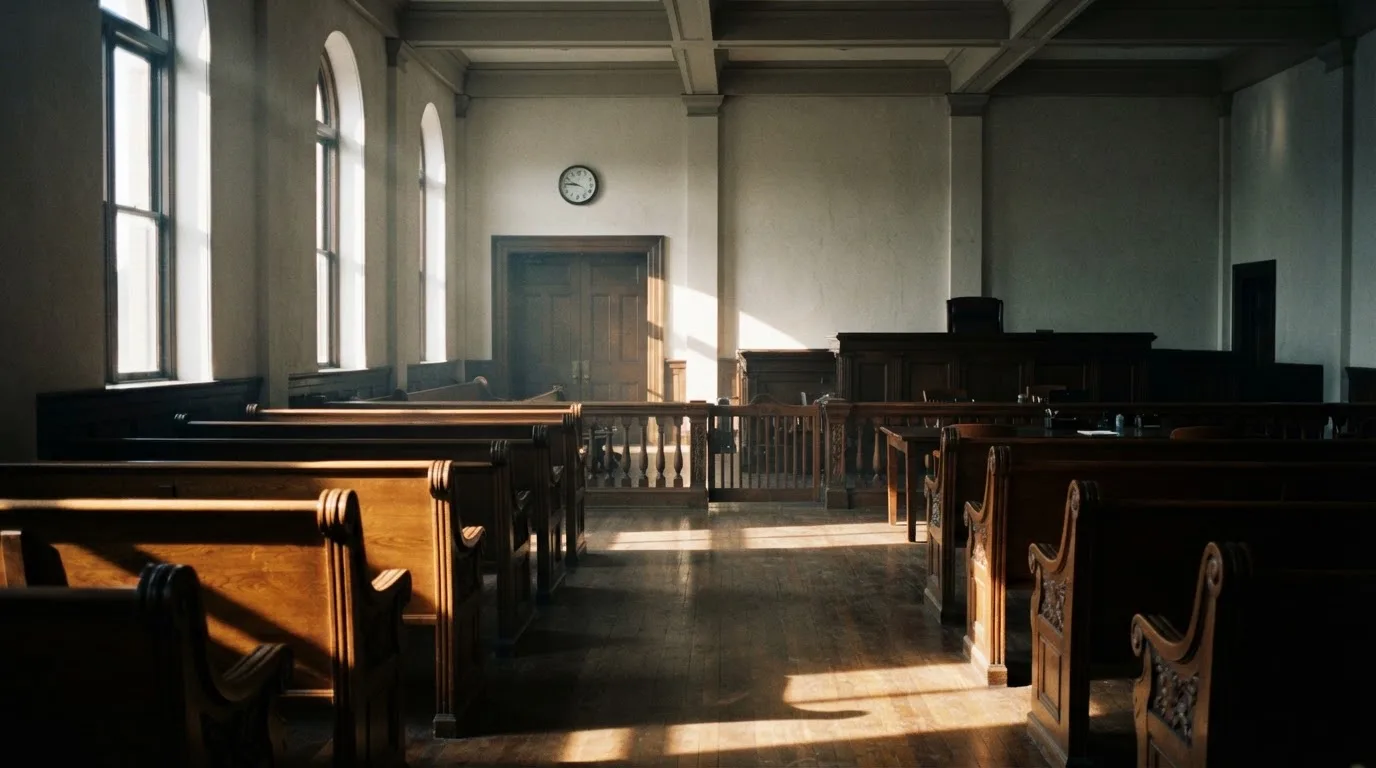 An empty courtroom with wooden benches in morning light
