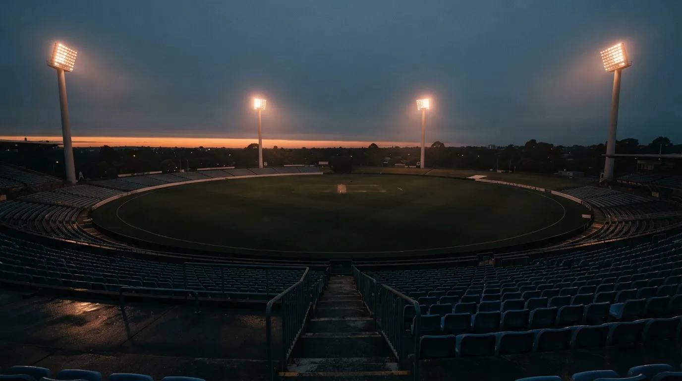 An empty football stadium with floodlight masts at dusk