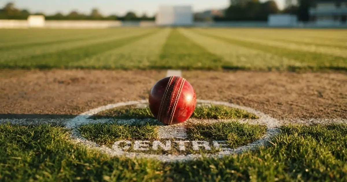 A ball on the centre spot of a grass pitch in morning light