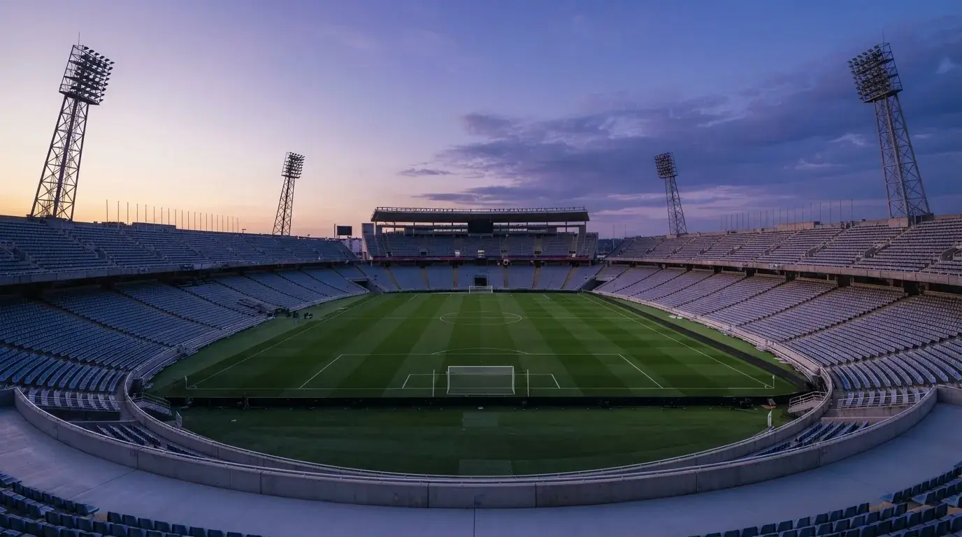 An empty football stadium with floodlight masts at dusk
