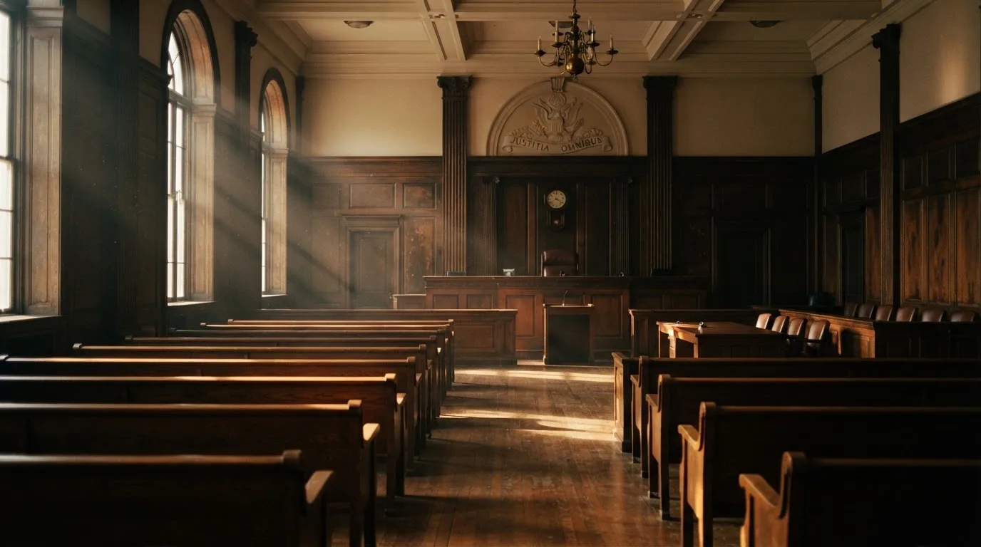 An empty courtroom with wooden benches in morning light