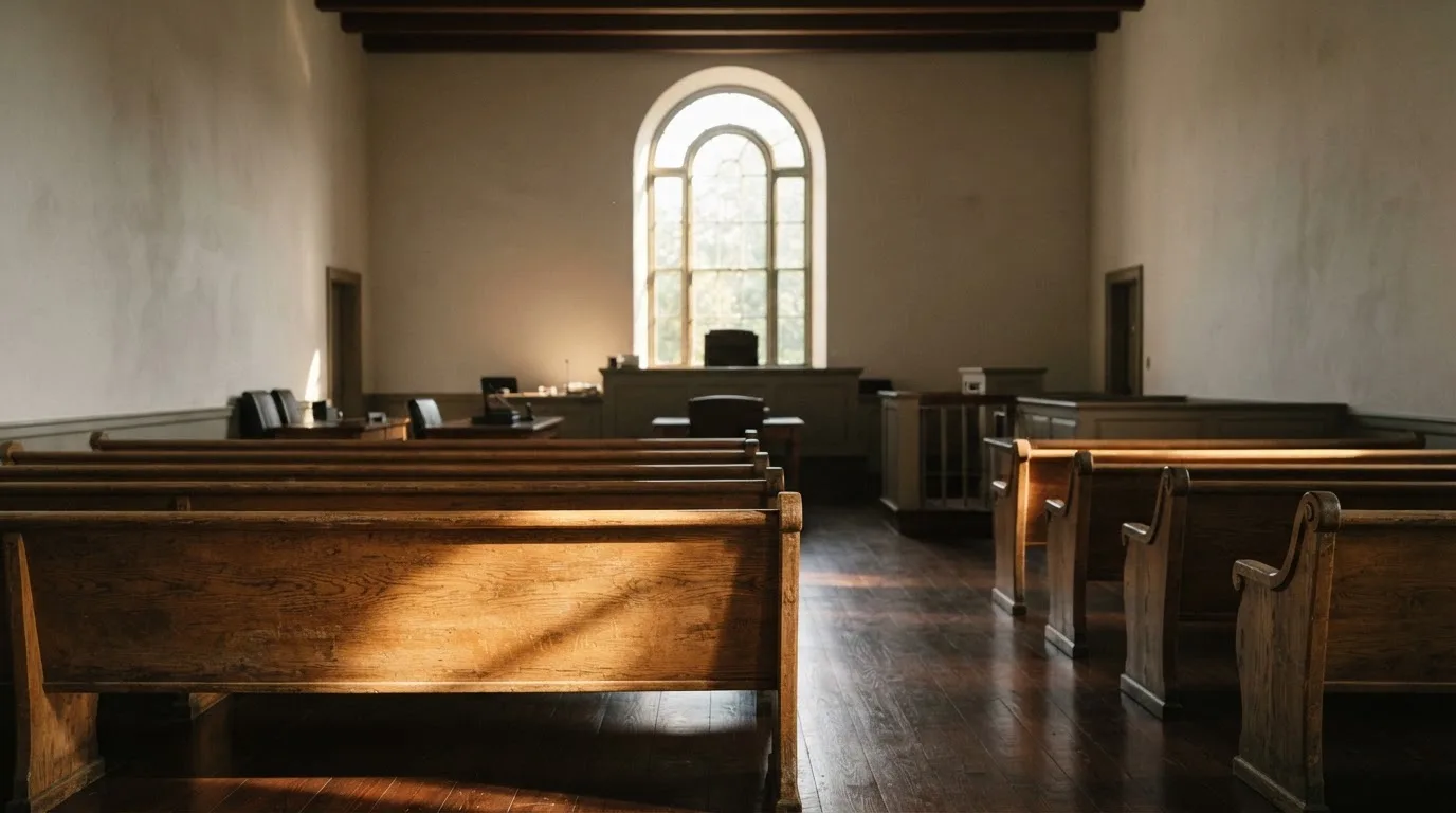 An empty courtroom with wooden benches in morning light