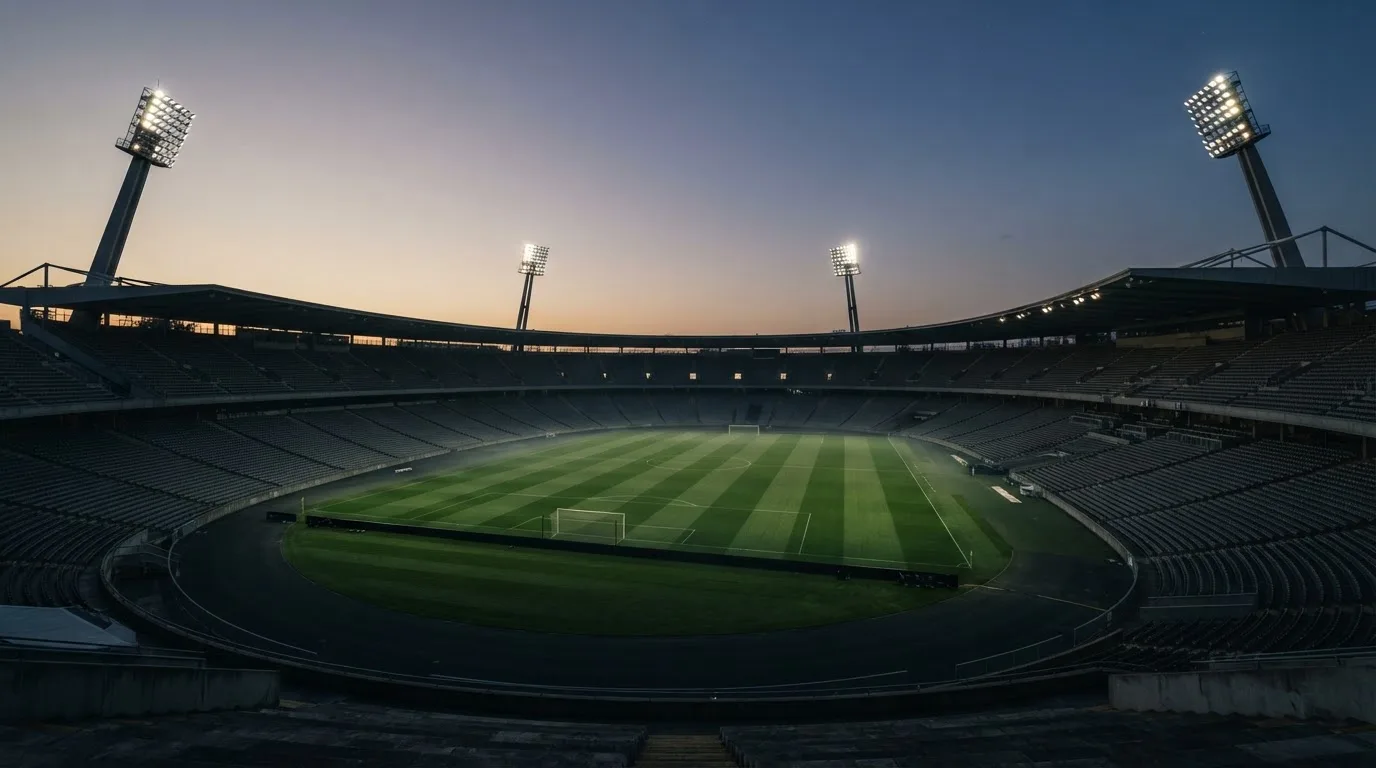 An empty football stadium with floodlight masts at dusk