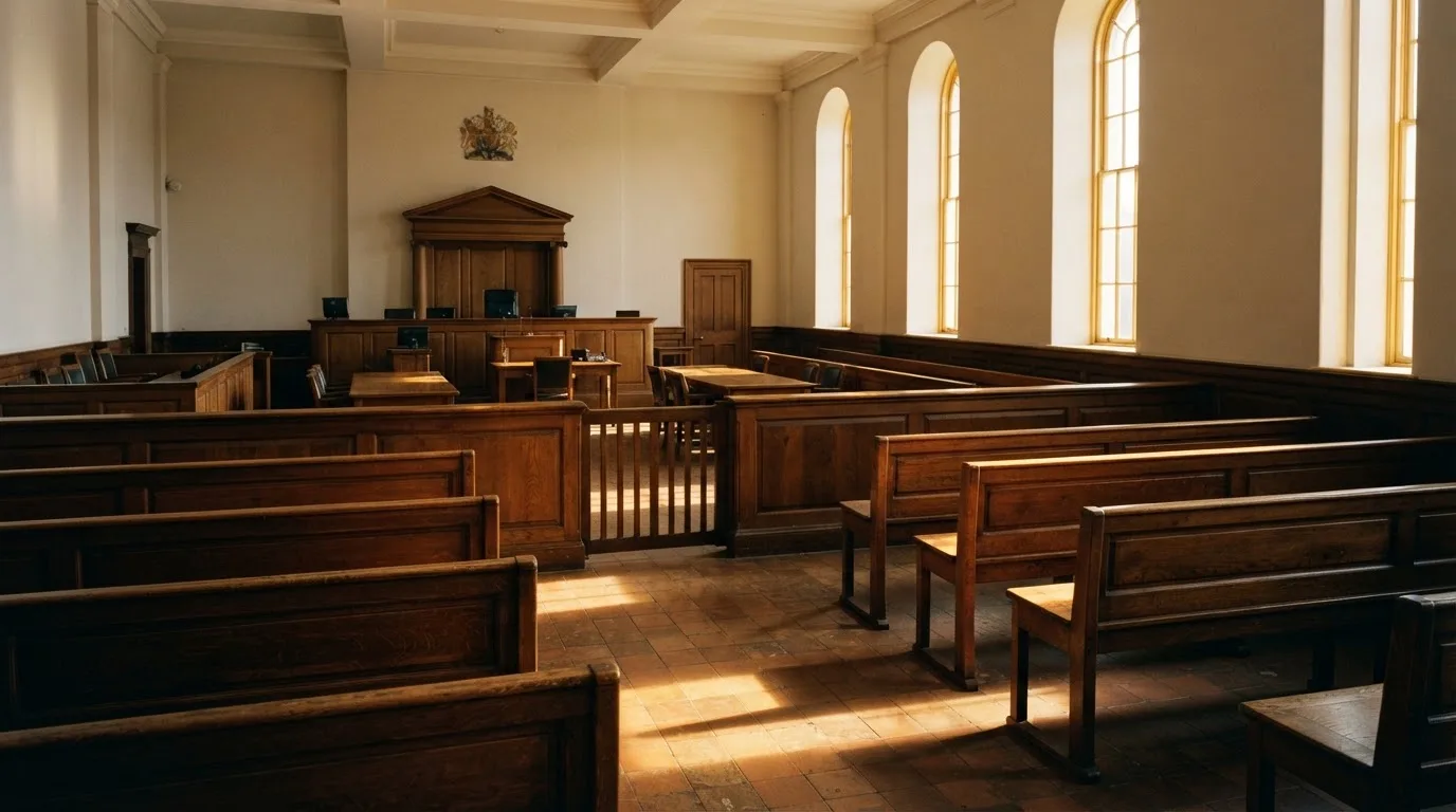 An empty courtroom with wooden benches in morning light