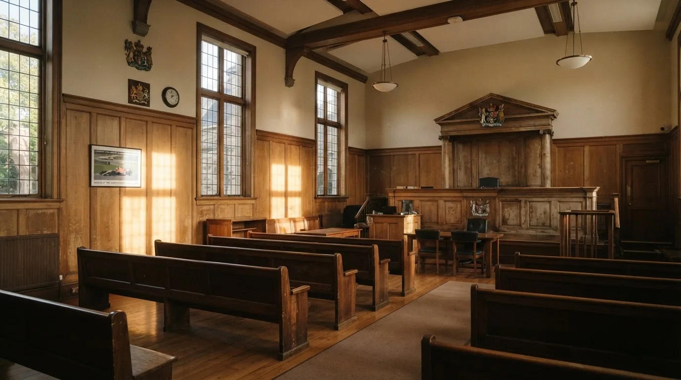 An empty courtroom with wooden benches in morning light