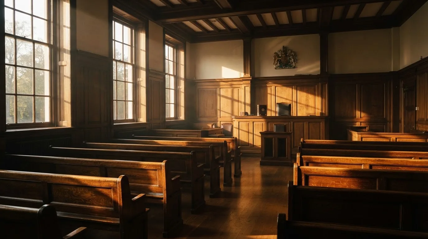 An empty courtroom with wooden benches in morning light