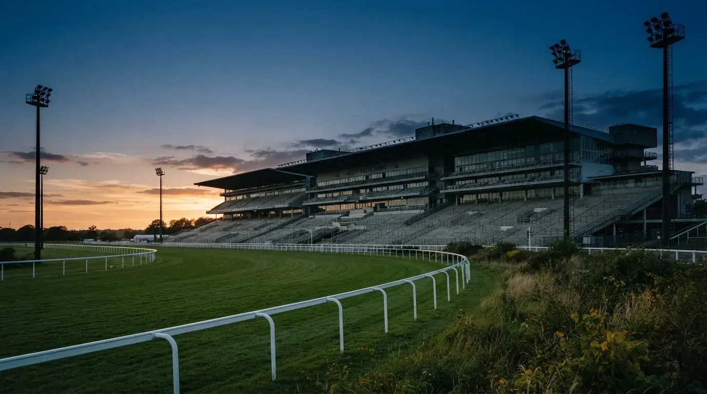 An empty football stadium with floodlight masts at dusk
