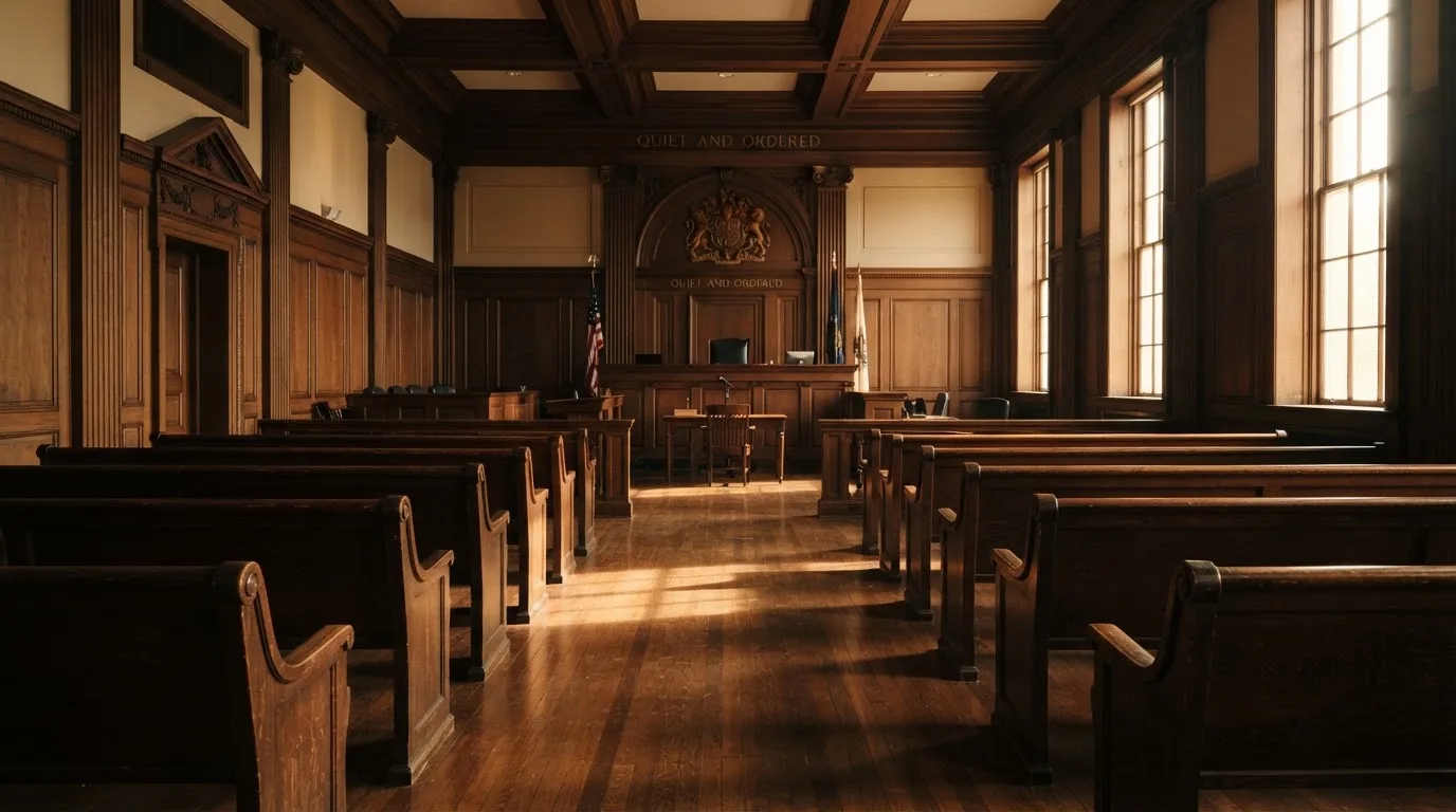 An empty courtroom with wooden benches in morning light