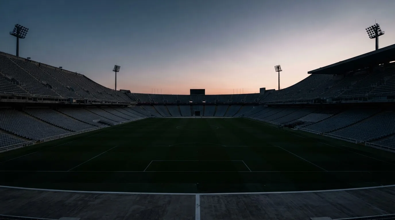 An empty football stadium with floodlight masts at dusk