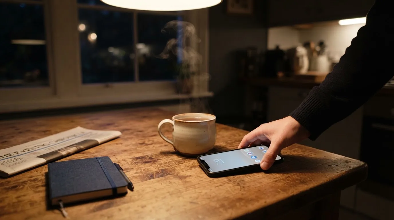 A hand setting a smartphone down beside a cup of tea on a kitchen table on a quiet evening