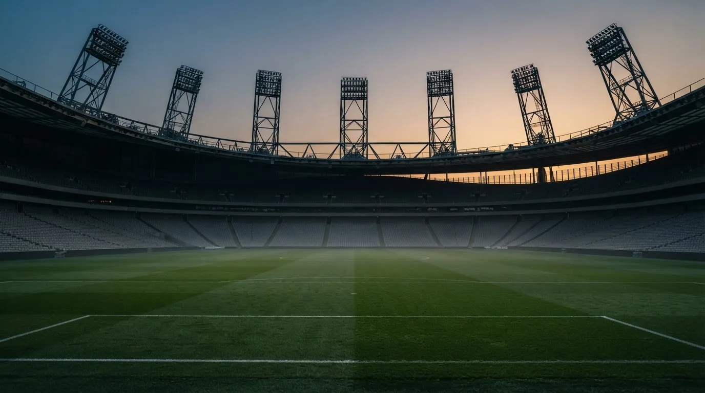 An empty football stadium with floodlight masts at dusk