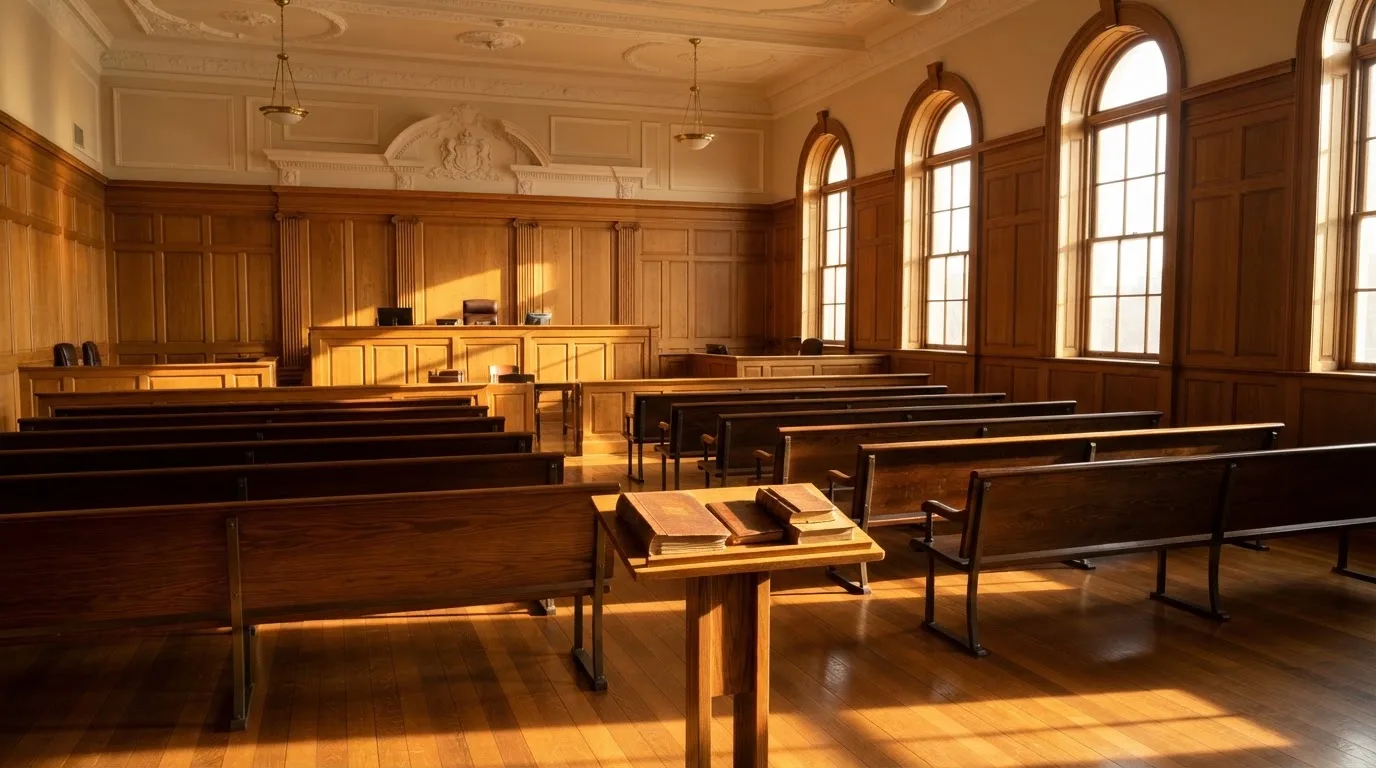 An empty courtroom with wooden benches in morning light