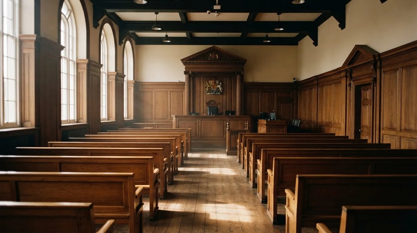 An empty courtroom with wooden benches in morning light