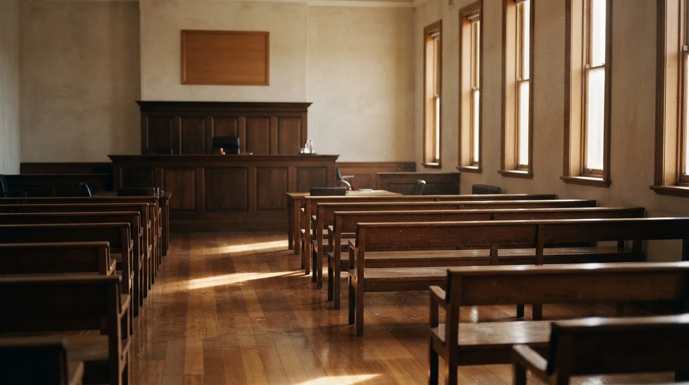 An empty courtroom with wooden benches in morning light