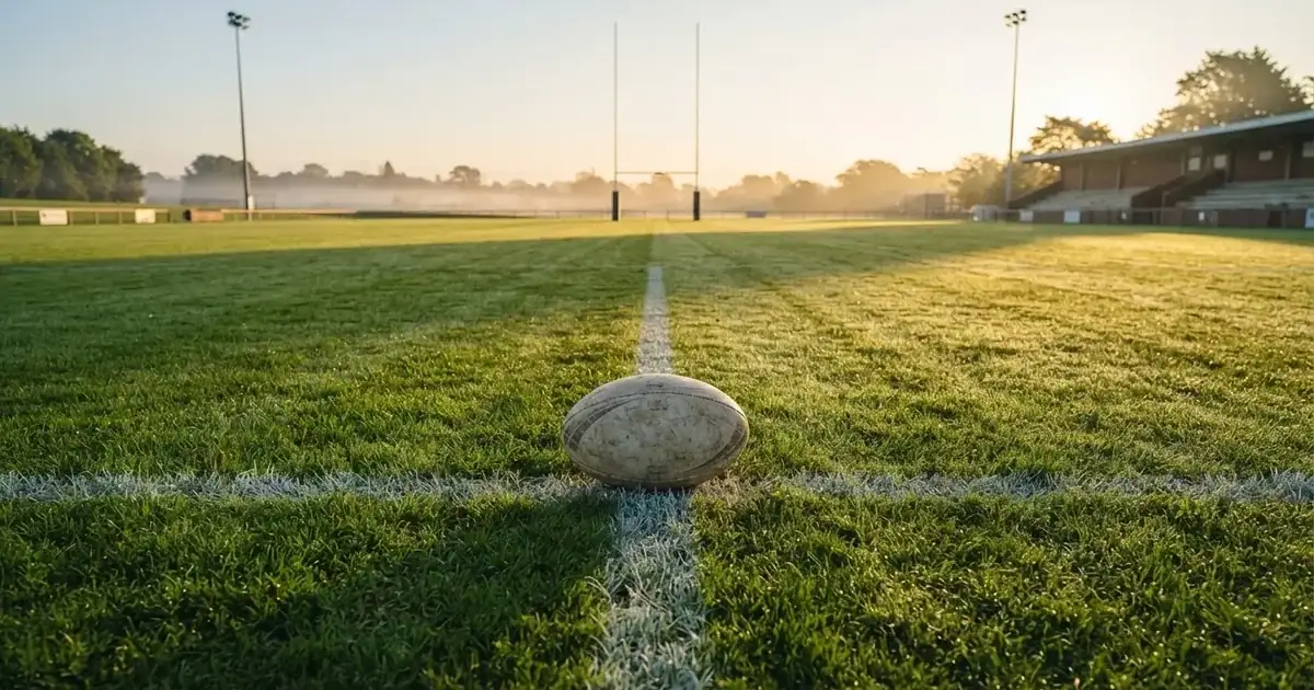 A ball on the centre spot of a grass pitch in morning light