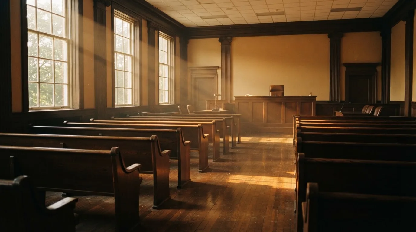 An empty courtroom with wooden benches in morning light