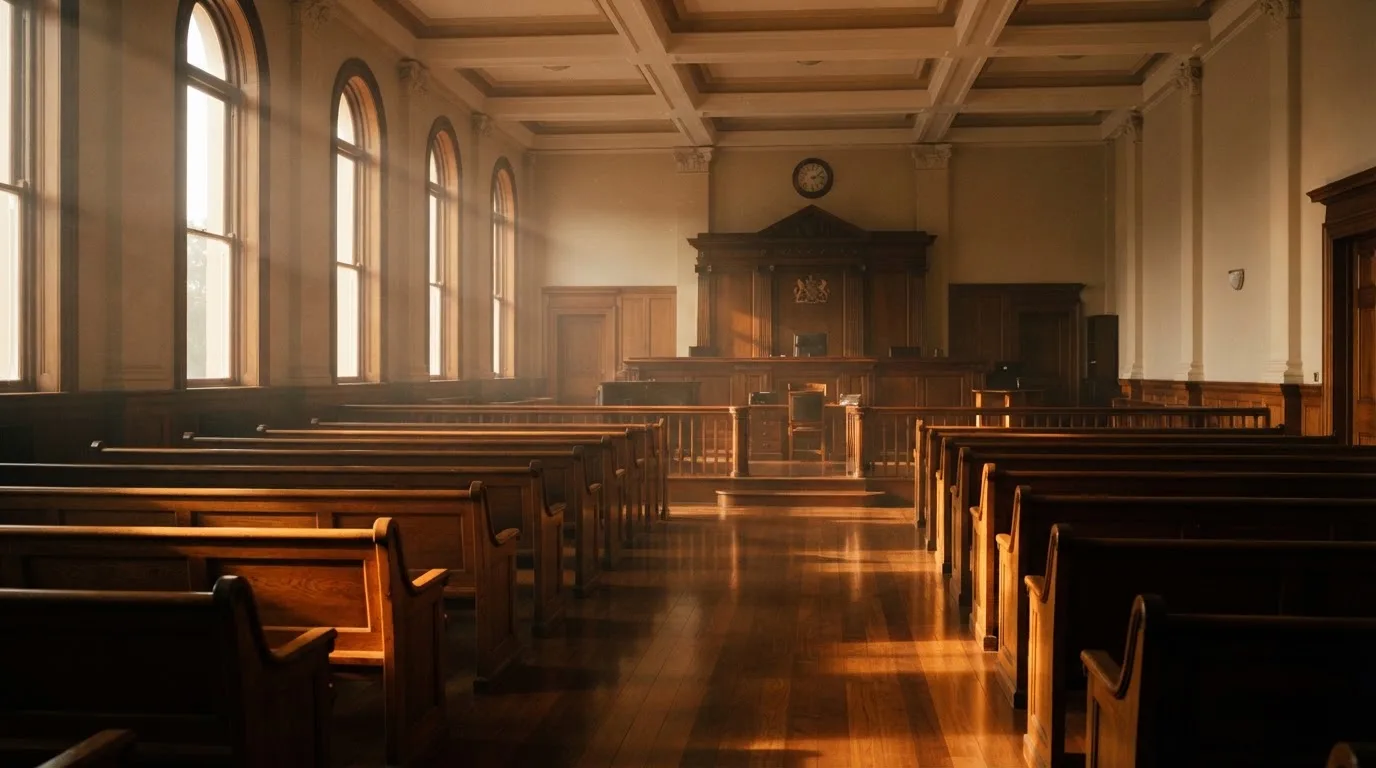 An empty courtroom with wooden benches in morning light