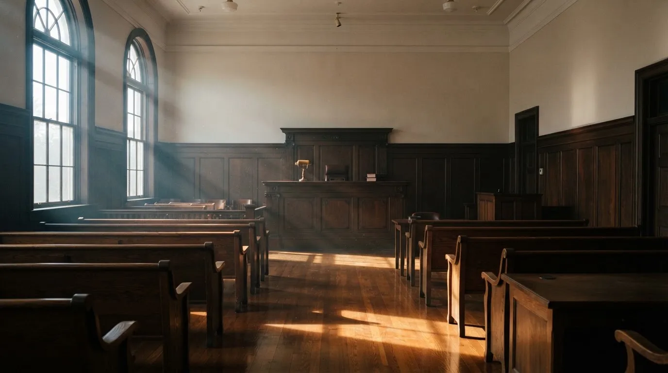 An empty courtroom with wooden benches in morning light