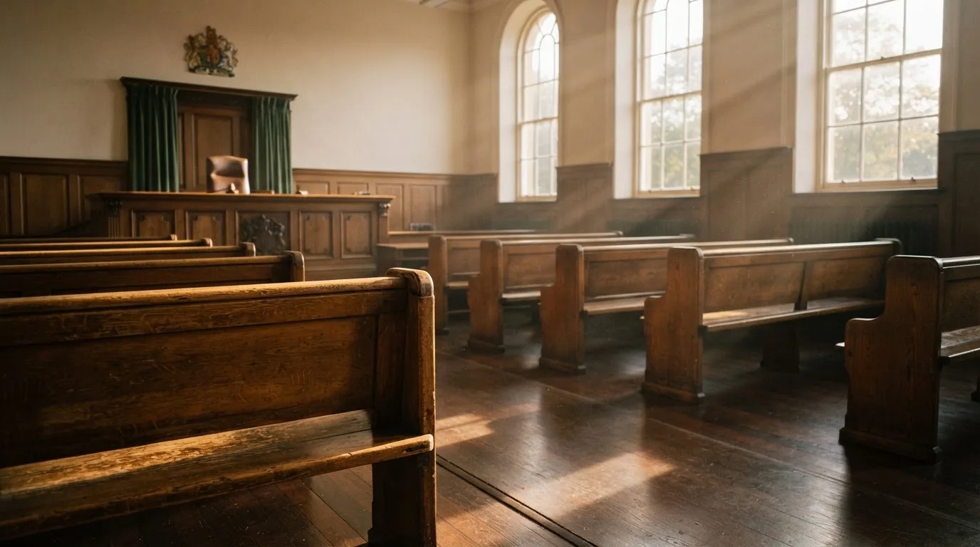 An empty courtroom with wooden benches in morning light